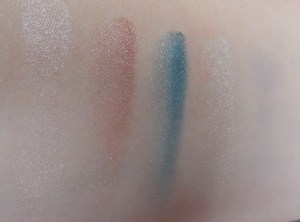 Row 2, l to r, Sea Shells, Les Poissons, Caspian Sea, Your Voice, Unfortunate Souls - the shimmers have much better pigment than the row above, but still not great, & Unfortunate Souls hardly shows up at all...